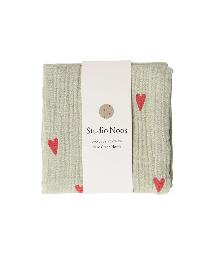 Studio Noos • Nuschi / Musselin Tuch 70x70cm Sage Green Hearts Swaddle